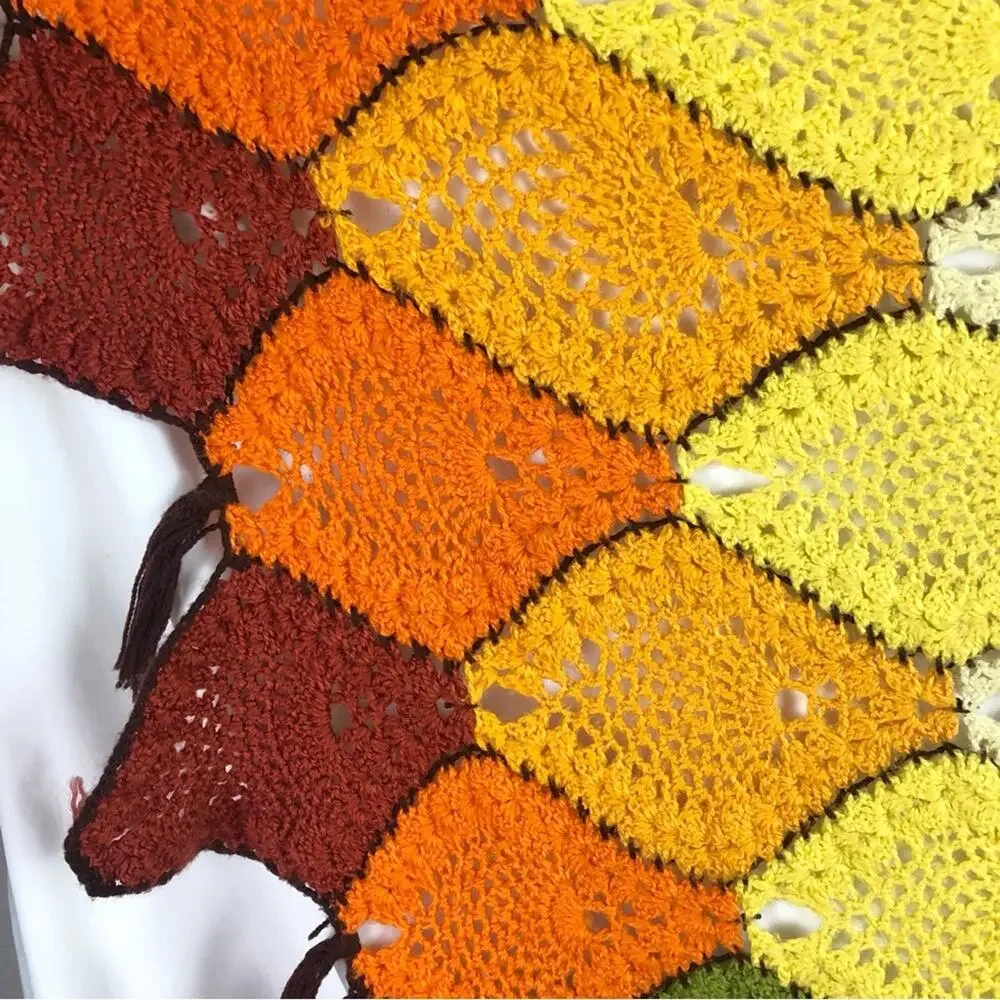 Vintage 70’s Hand Knit Fringe Scalloped Blanket